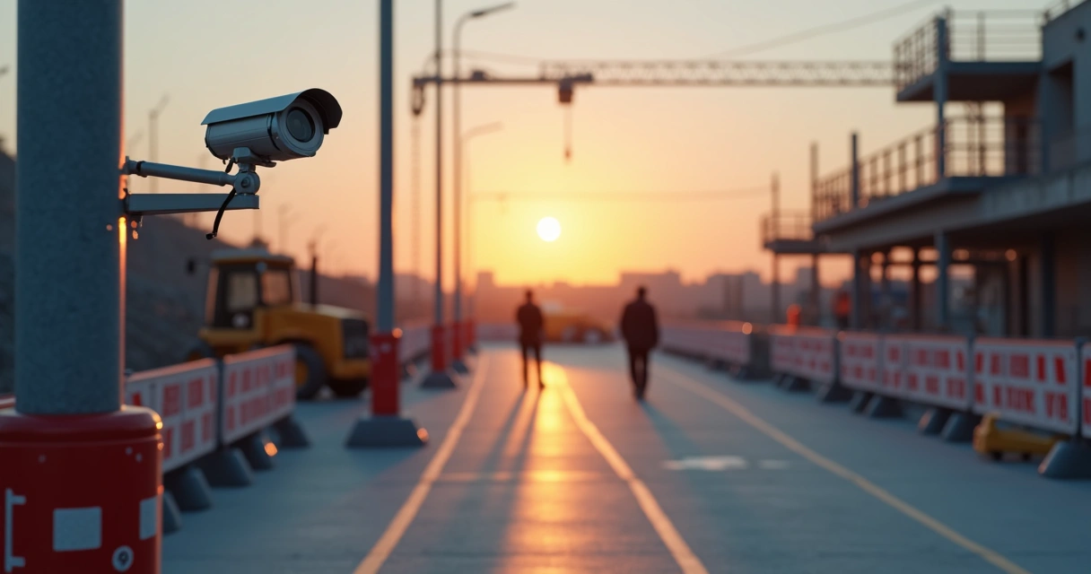 Sistema de câmera e sensor de movimento monitorando área restrita em canteiro de obras. 