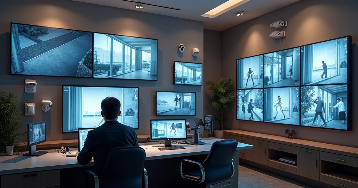 Central de monitoramento de câmeras em sala de condomínio 