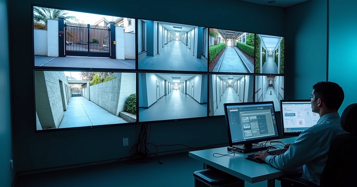 Sala de monitoramento com câmeras de condomínio e telas de vigilância 