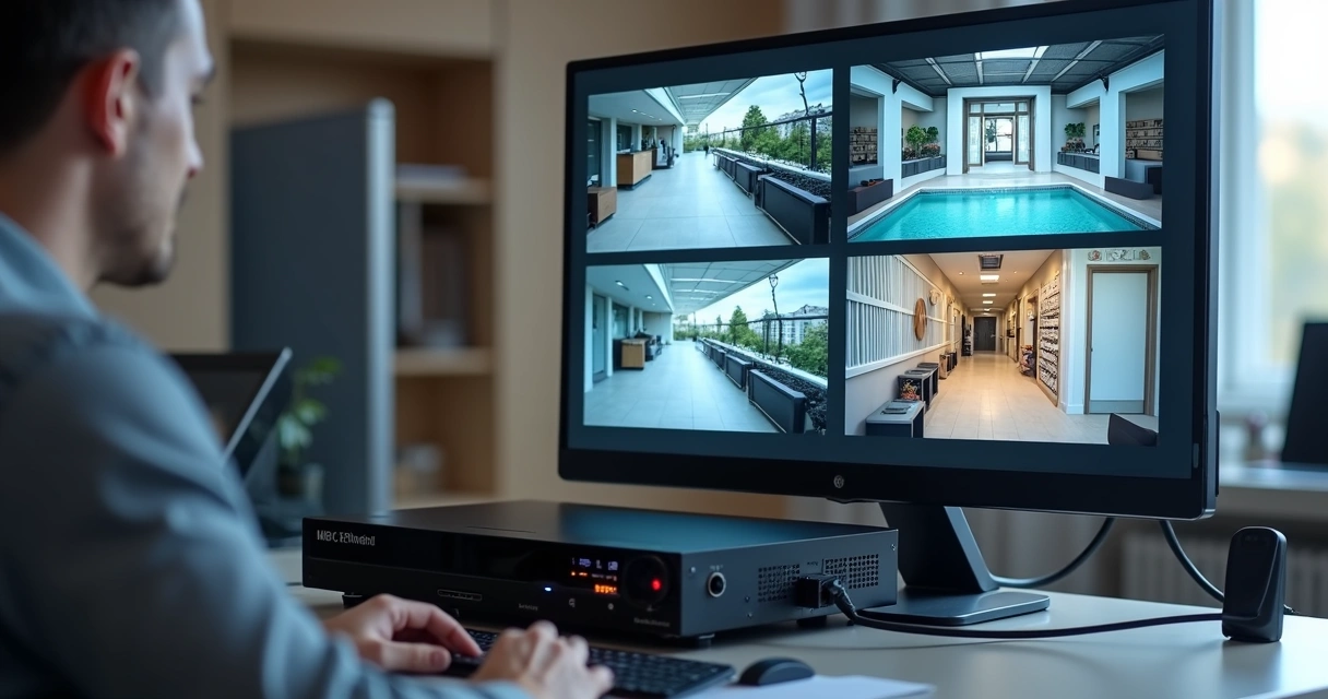 Monitor exibindo imagens de câmeras Full HD em quatro quadros 