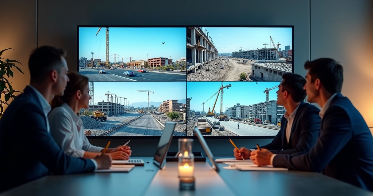 Equipe acompanhando imagens de câmeras de obra em um dashboard digital. 