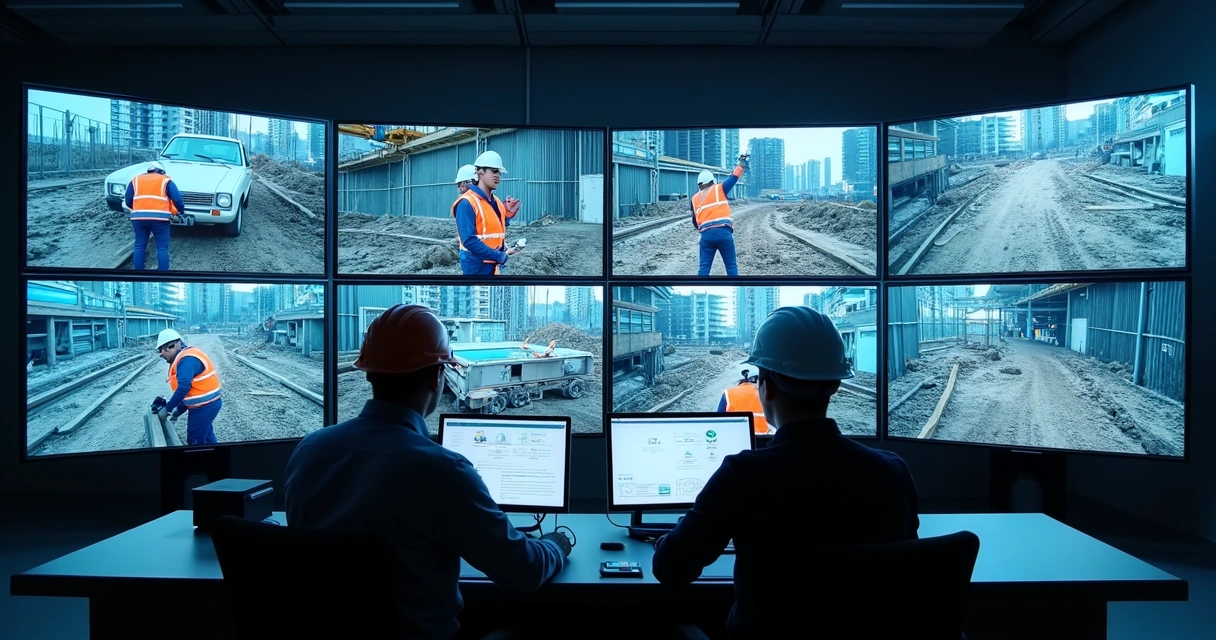Painel com múltiplas telas exibindo câmeras monitorando uma obra, trabalhadores em capacete e elementos digitais ilustrando análise por IA. 