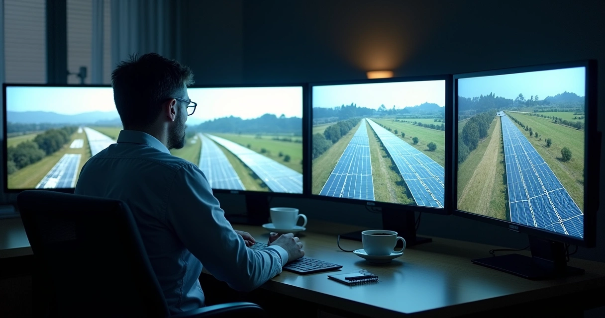 Pessoa monitorando câmeras de segurança em instalação de energia solar 