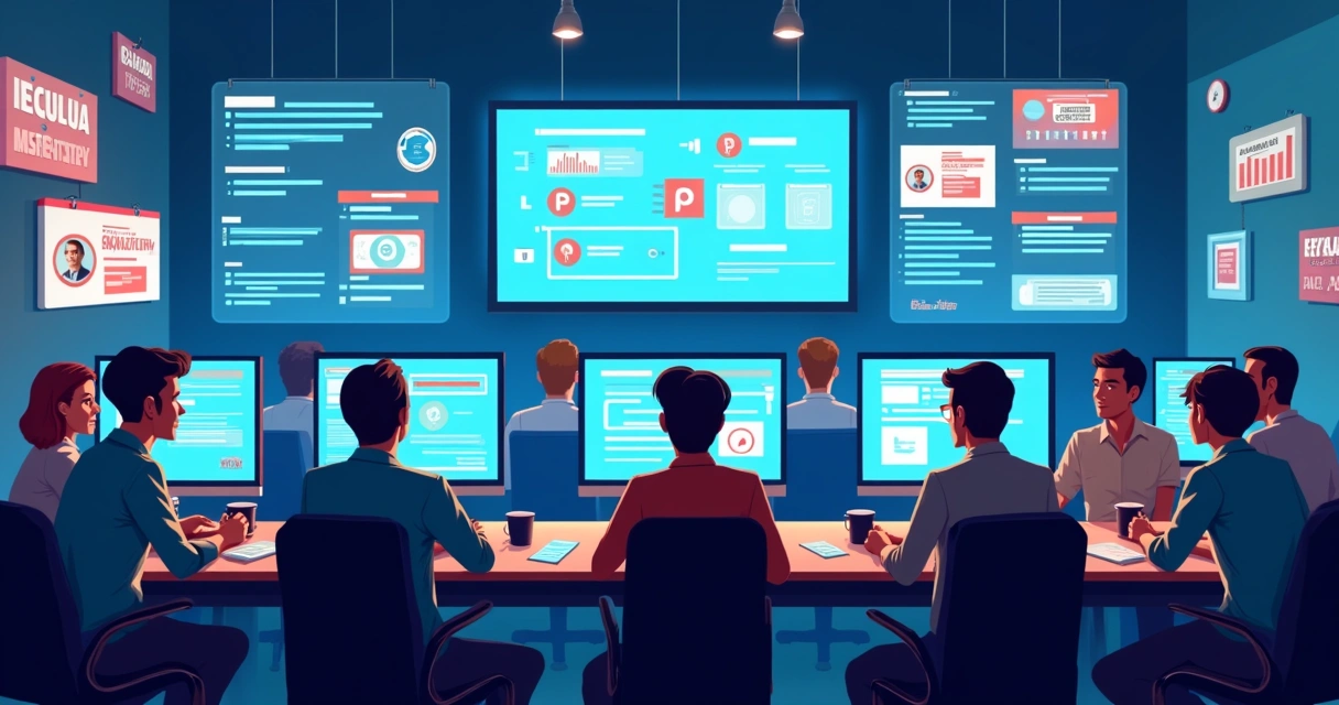 Equipe de campanha monitorando redes sociais em computadores