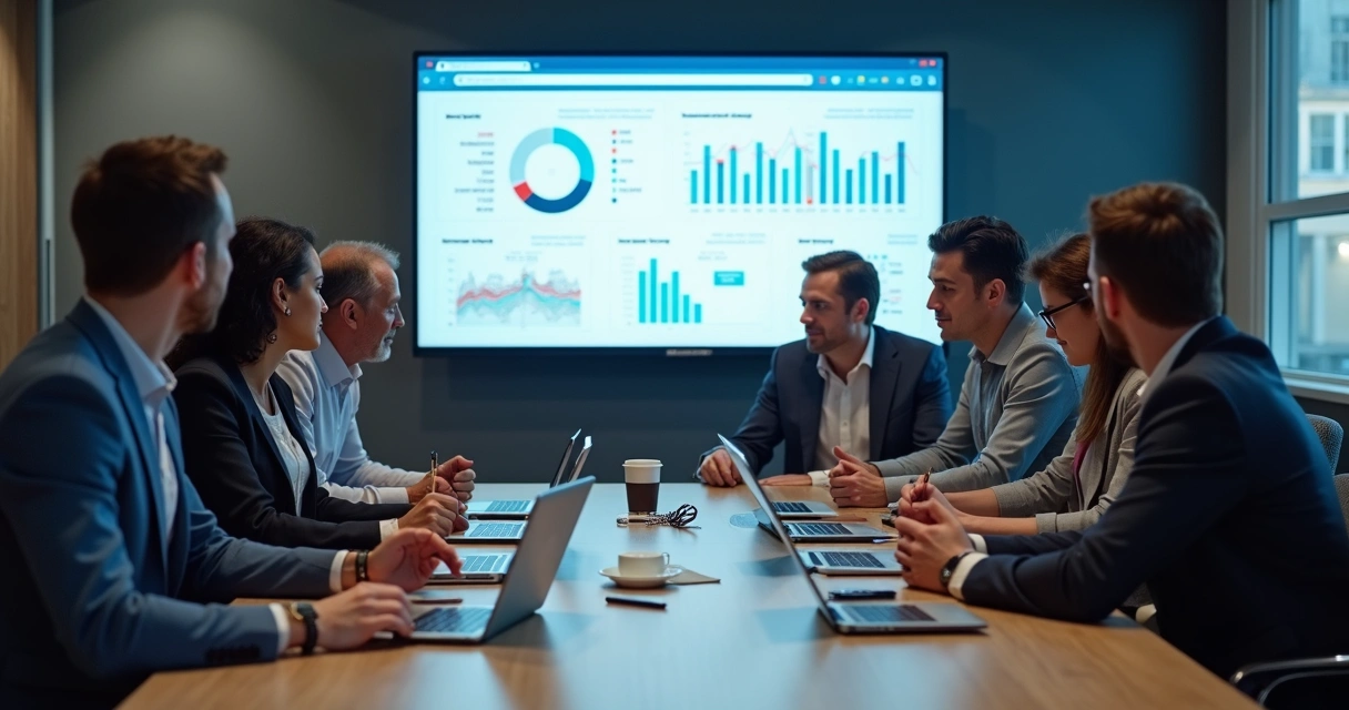 Equipe analisando gráficos de engajamento em tela grande, ambiente de escritório político, tablets e celulares