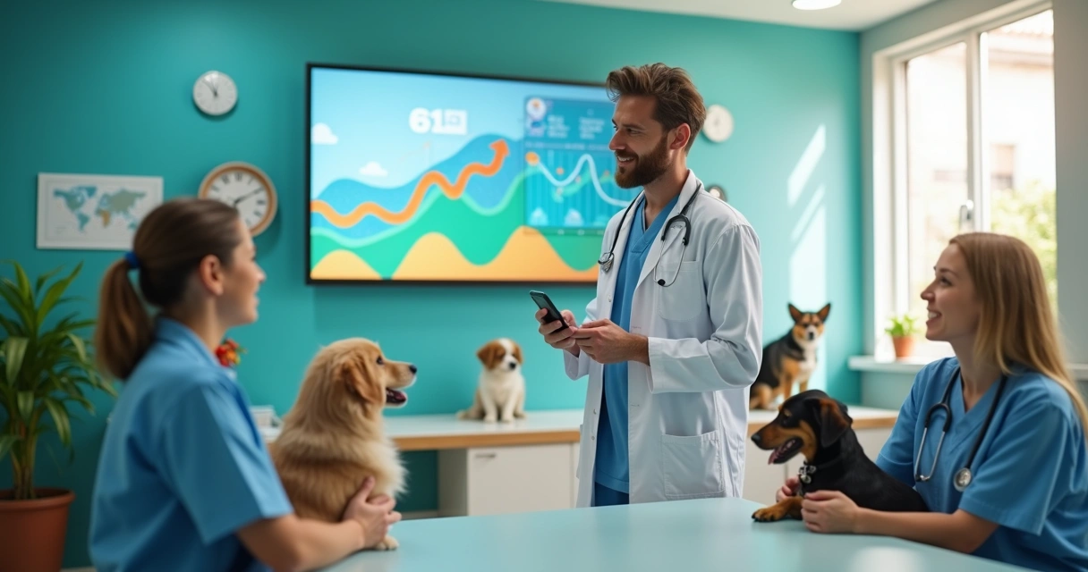 Gráfico de desempenho digital em tela ao lado de clínica veterinária animada