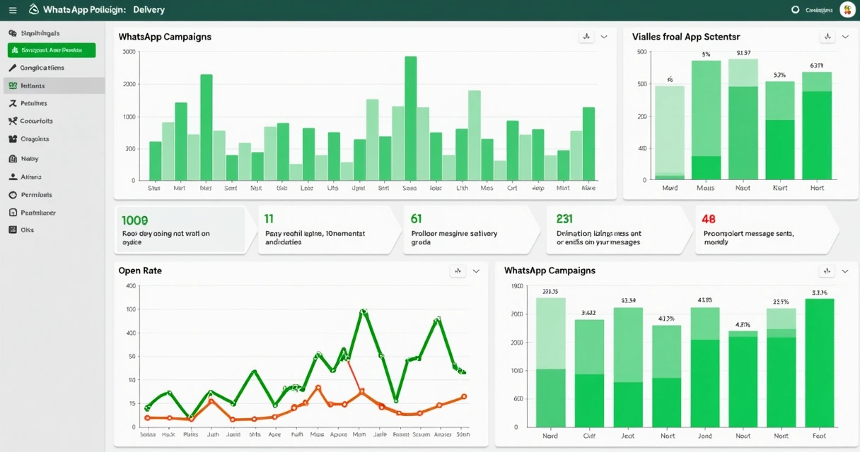 Dashboard de monitoramento de campanha de WhatsApp com gráficos de entrega e mensagens enviadas 