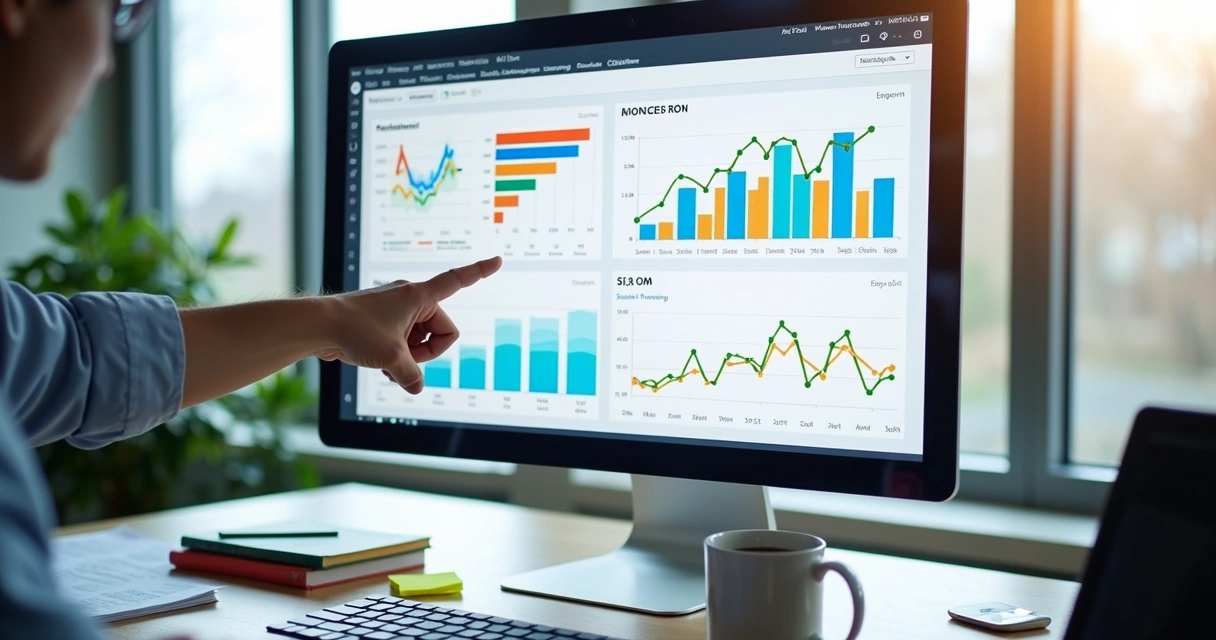 Monitor com gráficos de desempenho de campanhas digitais em uma agência 