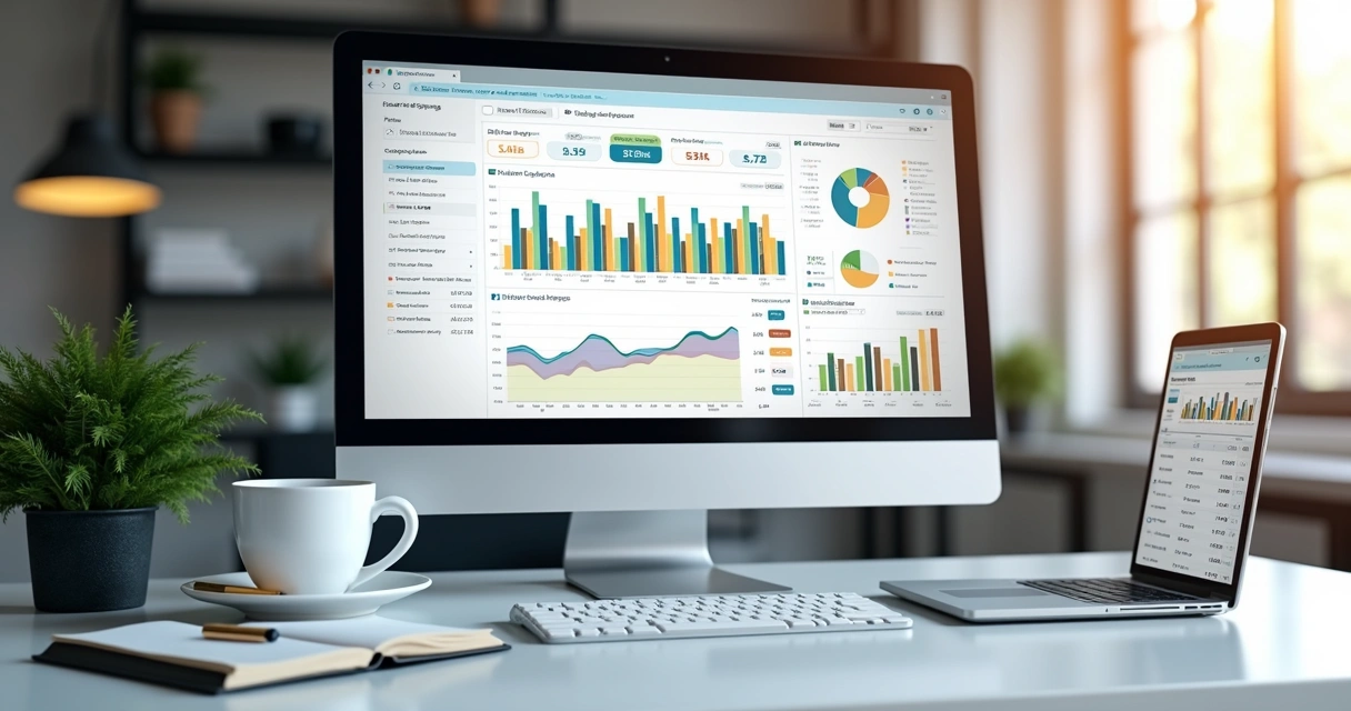 Tela de computador mostrando dashboard com gráficos e estatísticas de links rastreados em alta resolução 