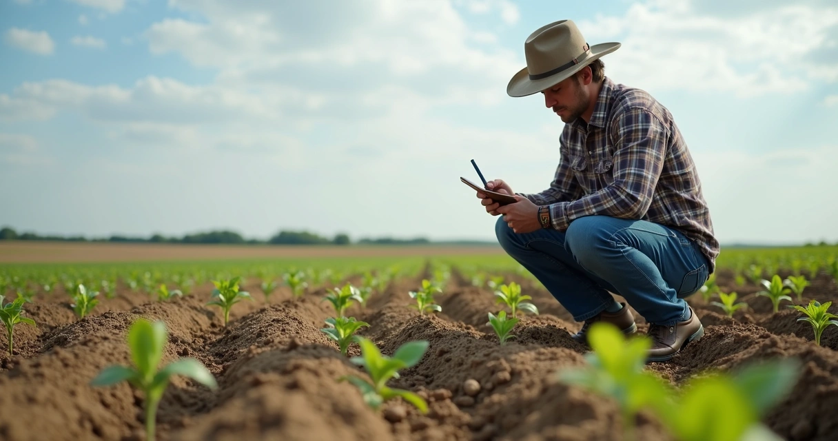 Produtor inspecionando solo da lavoura para identificar plantas de soja voluntária 