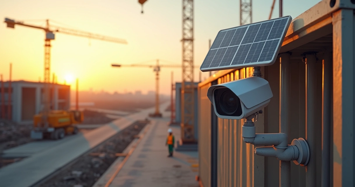 Câmera solar 4G instalada em estrutura metálica em canteiro de obras monitora o avanço da construção 