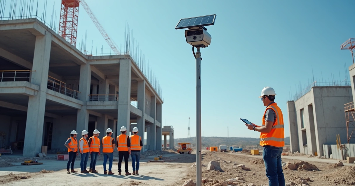 Câmera monitorando trabalhadores com EPI em obra 