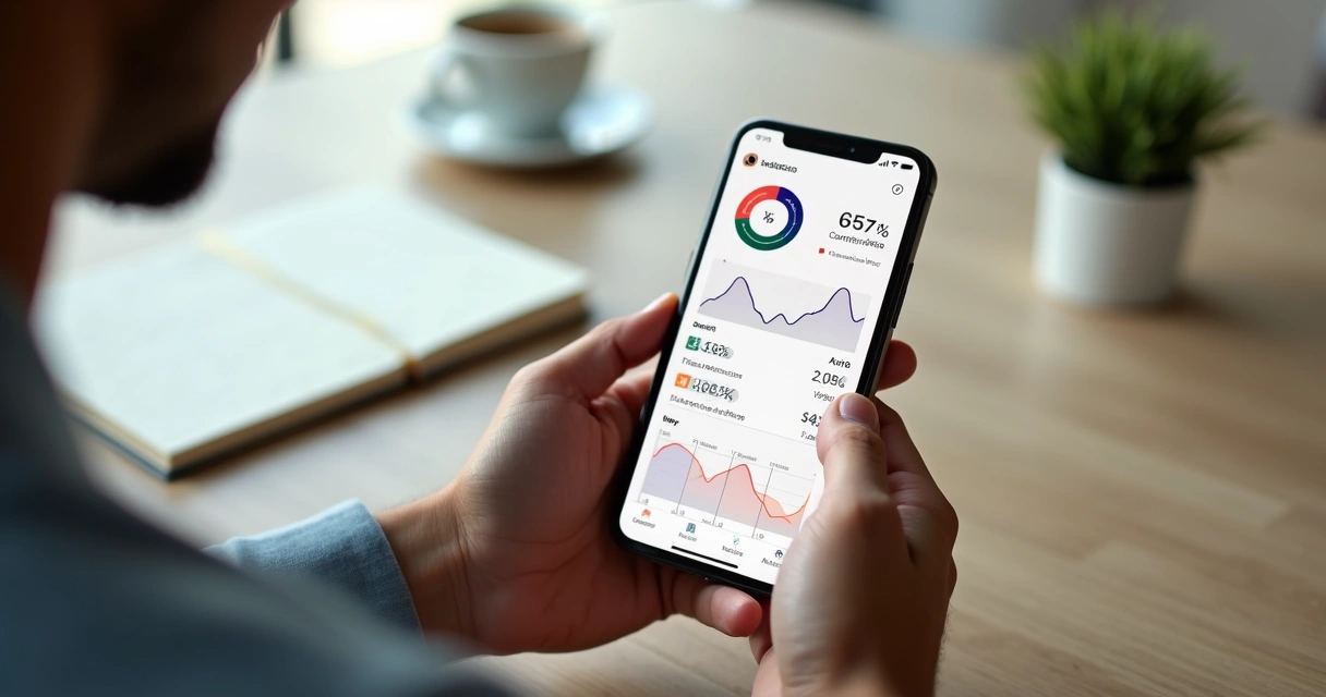 Pessoa usando aplicativo de finanças pessoais em smartphone 