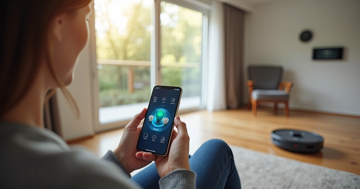 Pessoa segurando smartphone controlando dispositivos inteligentes em casa