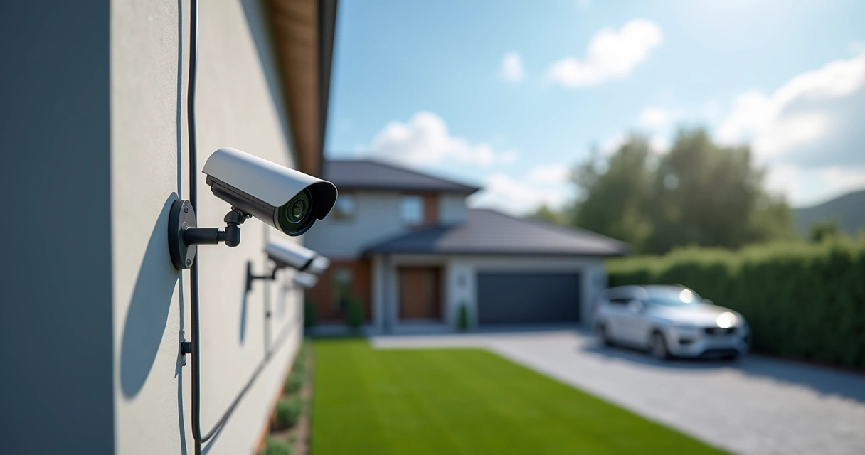Câmeras IP instaladas na fachada de uma casa moderna com cabo de fibra óptica visível e fundo de ambiente residencial diurno