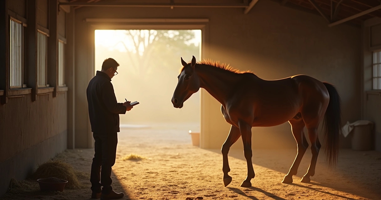 Pessoa observando cavalo em estábulo fazendo anotações em bloco 