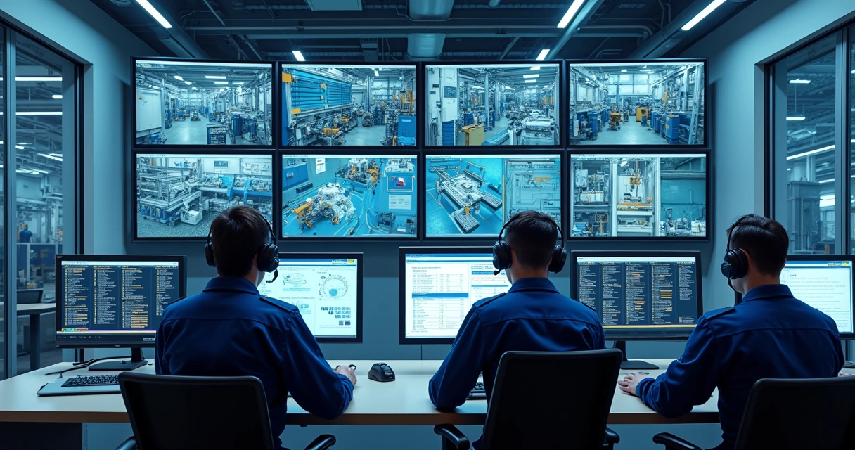 Sala de controle centralizada monitorando sistemas industriais. 