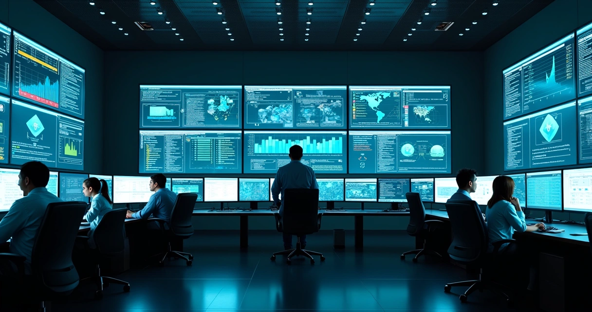 Painel de monitoramento de segurança digital em escritório moderno 