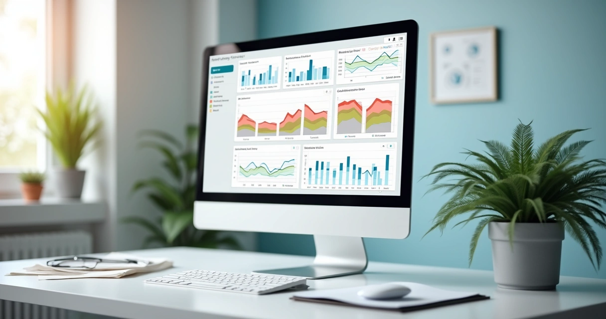 Análise de tela de computador mostrando gráficos de chamados e tendências em gestão condominial 