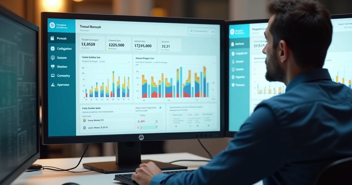 Gestor imobiliário analisando painel de chatbot com gráficos 