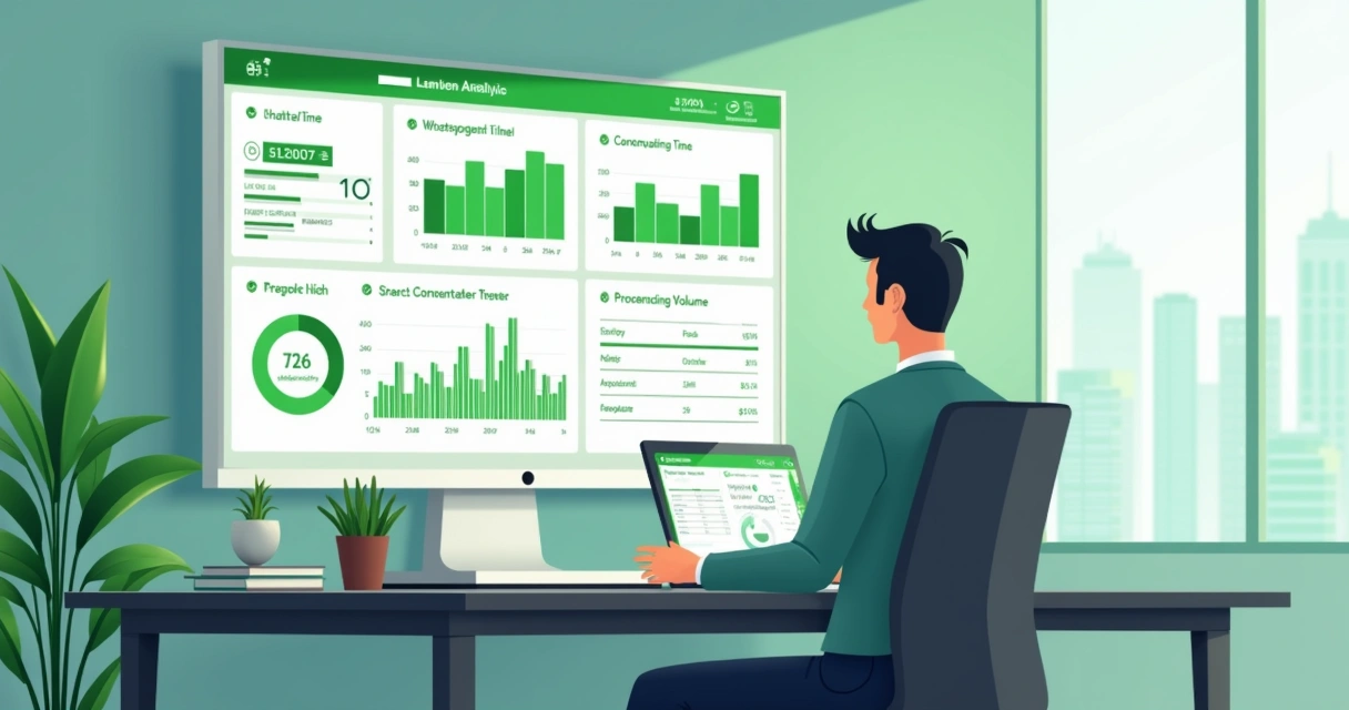 Dashboard mostrando métricas de desempenho de um chatbot no WhatsApp, como tempo de resposta, satisfação do cliente e volume de mensagens, com gráficos em verde.