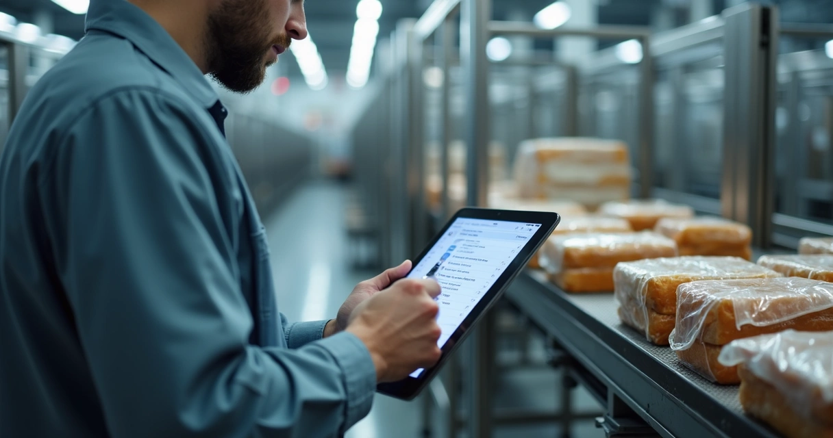 Profissional monitora checklist em tablet na linha de produção 