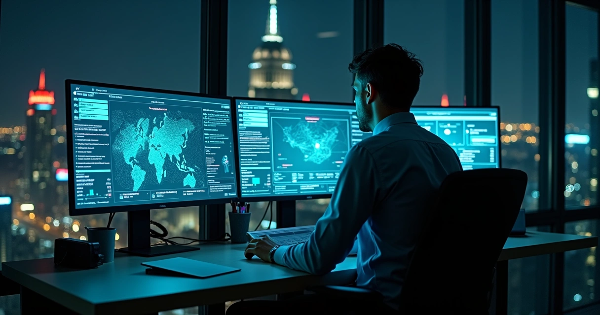 Profissional monitorando painéis de inteligência cibernética em três telas