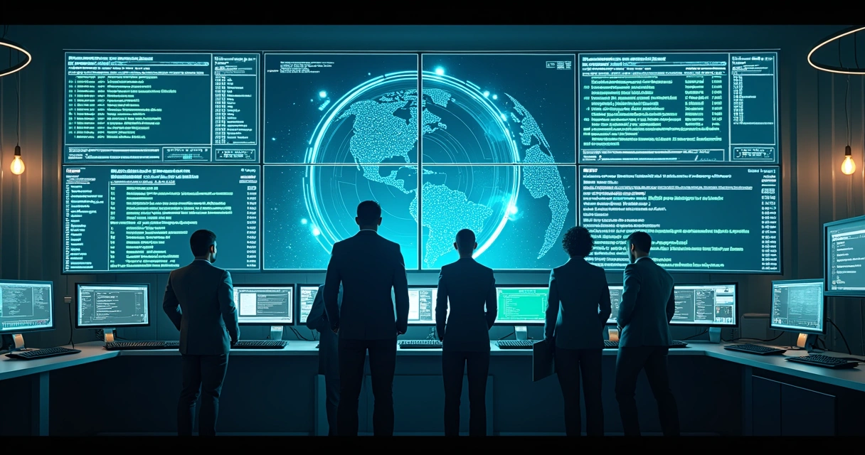 Sala de monitoramento de cibersegurança com telas digitais mostrando alertas e IA analisando dados 