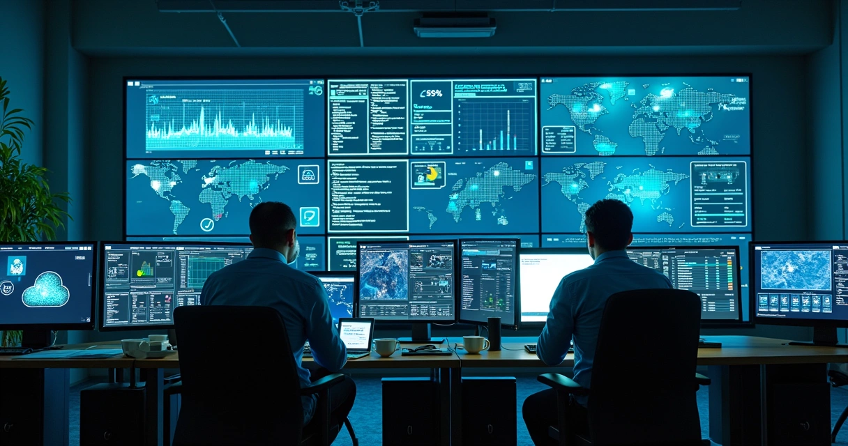 Painéis digitais de analistas monitorando segurança em nuvem 