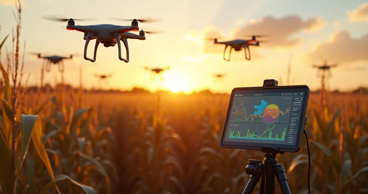 Drones monitorando colheita em campo com equipamentos digitais 