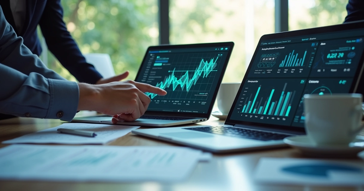 Múltiplas mãos usando dispositivos digitais para analisar gráficos e dados de compliance em um ambiente de escritório moderno 