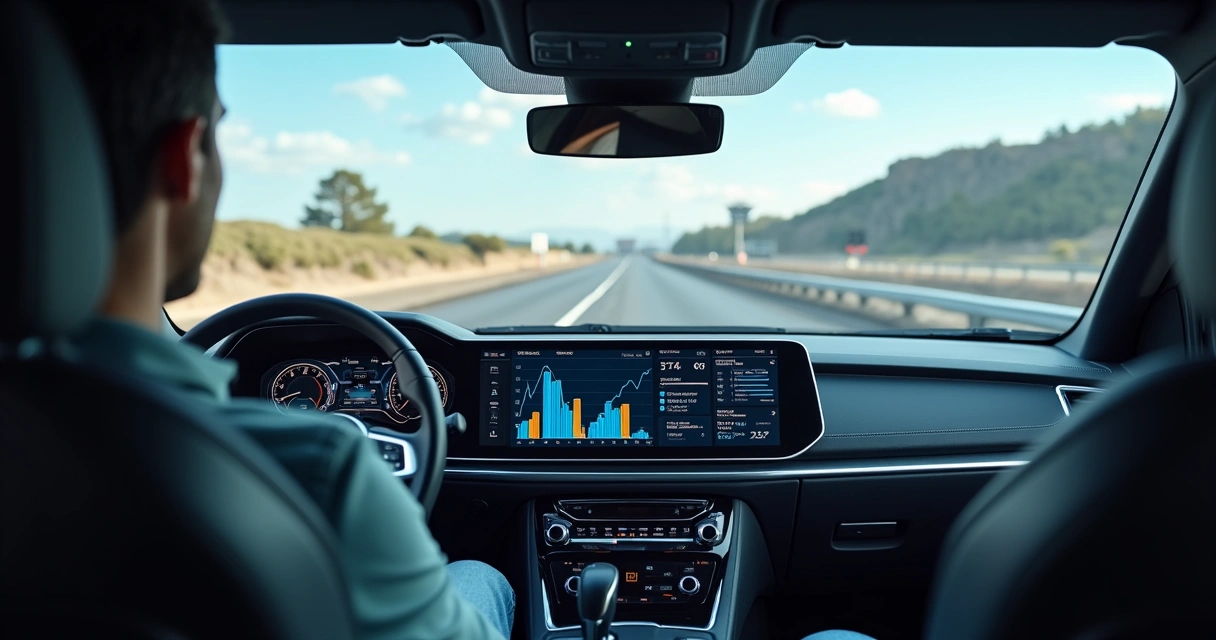 Painel digital mostra dados de desempenho do motorista e gráficos analíticos 