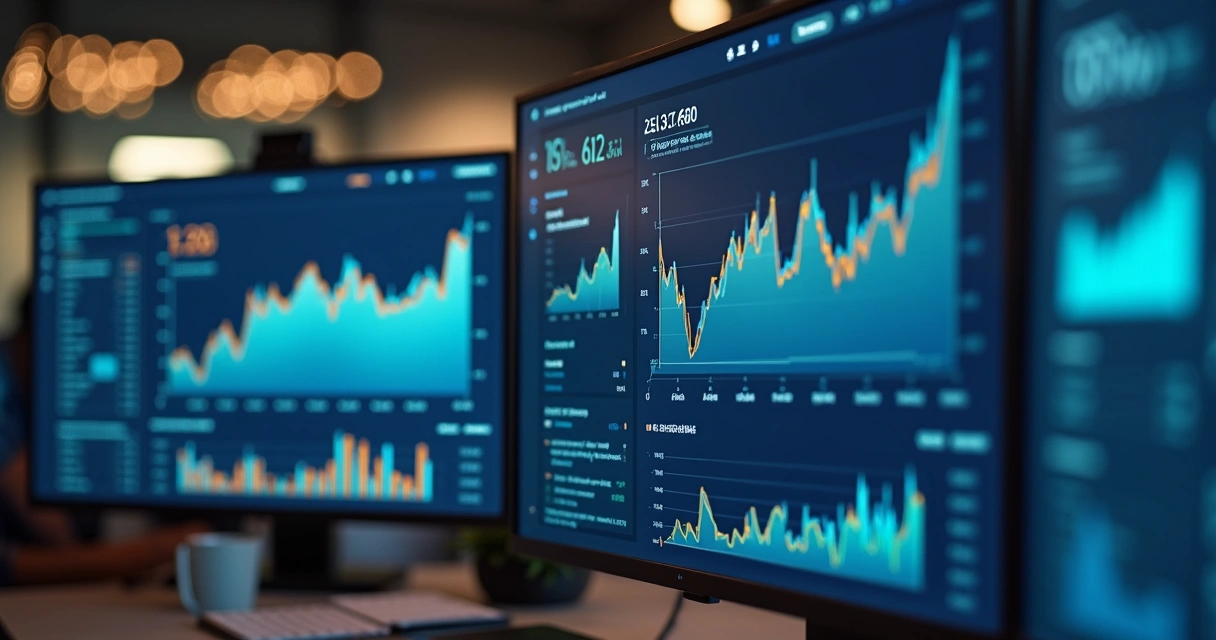 Gráfico com variação de preços de produtos e telas de computador exibindo dados do mercado.