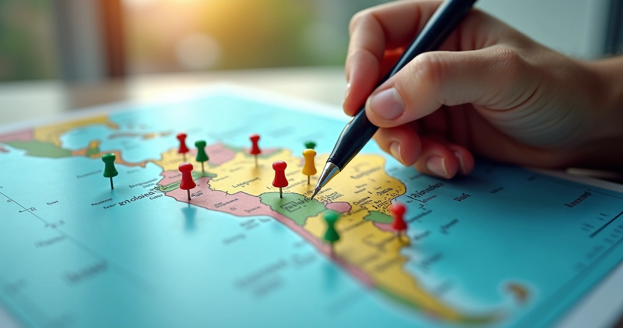 Mapa digital com diferentes pontos marcados e áreas de concorrentes em destaque 