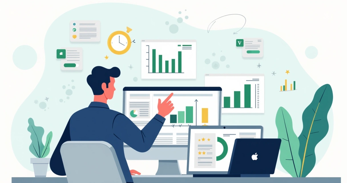 Ilustração corporativa mostrando análise de concorrência digital com gráficos, laptops e ícones de comentários e avaliações 