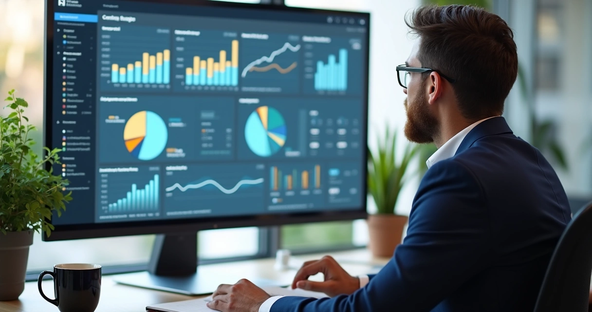 Empresário observando tela com gráficos de concorrentes e tendências de mercado 