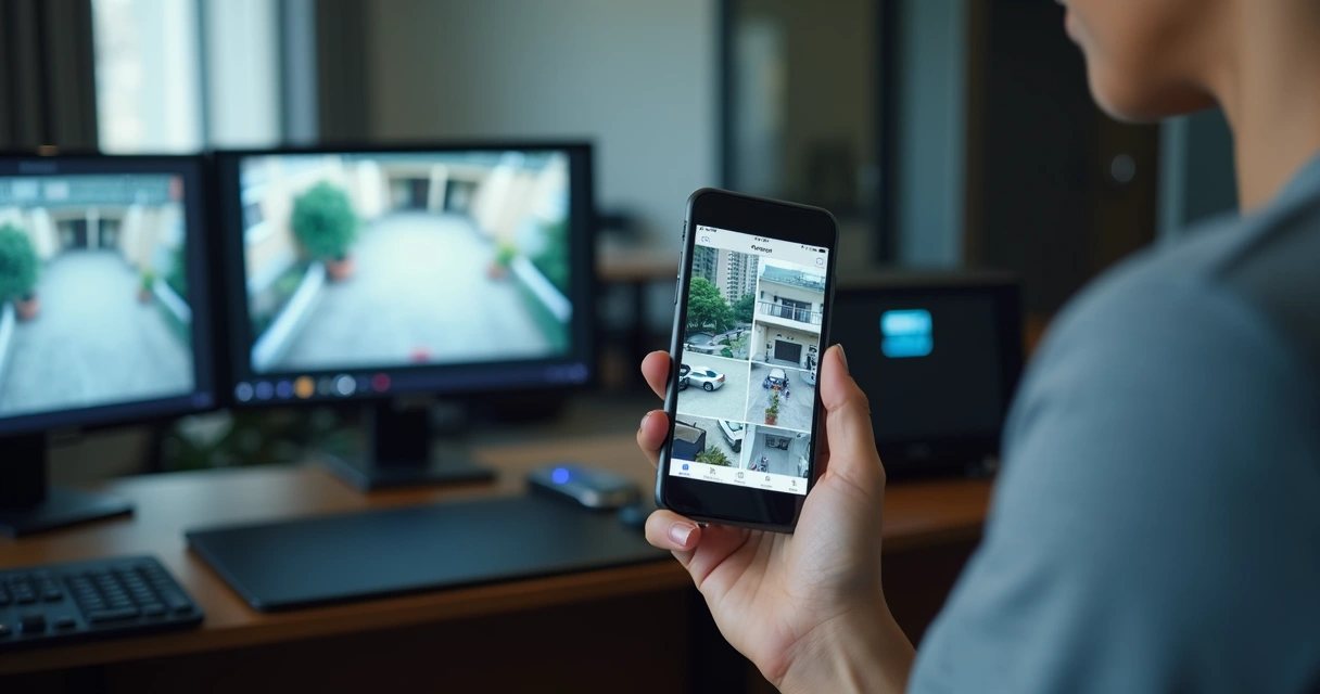 Monitoramento de condomínio em celular e telas 
