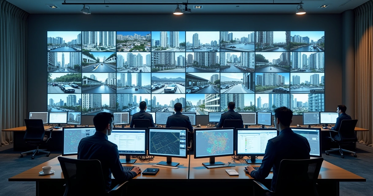 Central de monitoramento em condomínio com várias telas exibindo imagens de câmeras de segurança 