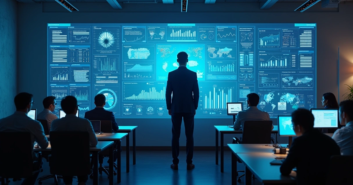 Gestor acompanha dashboard de automação em tela digital 
