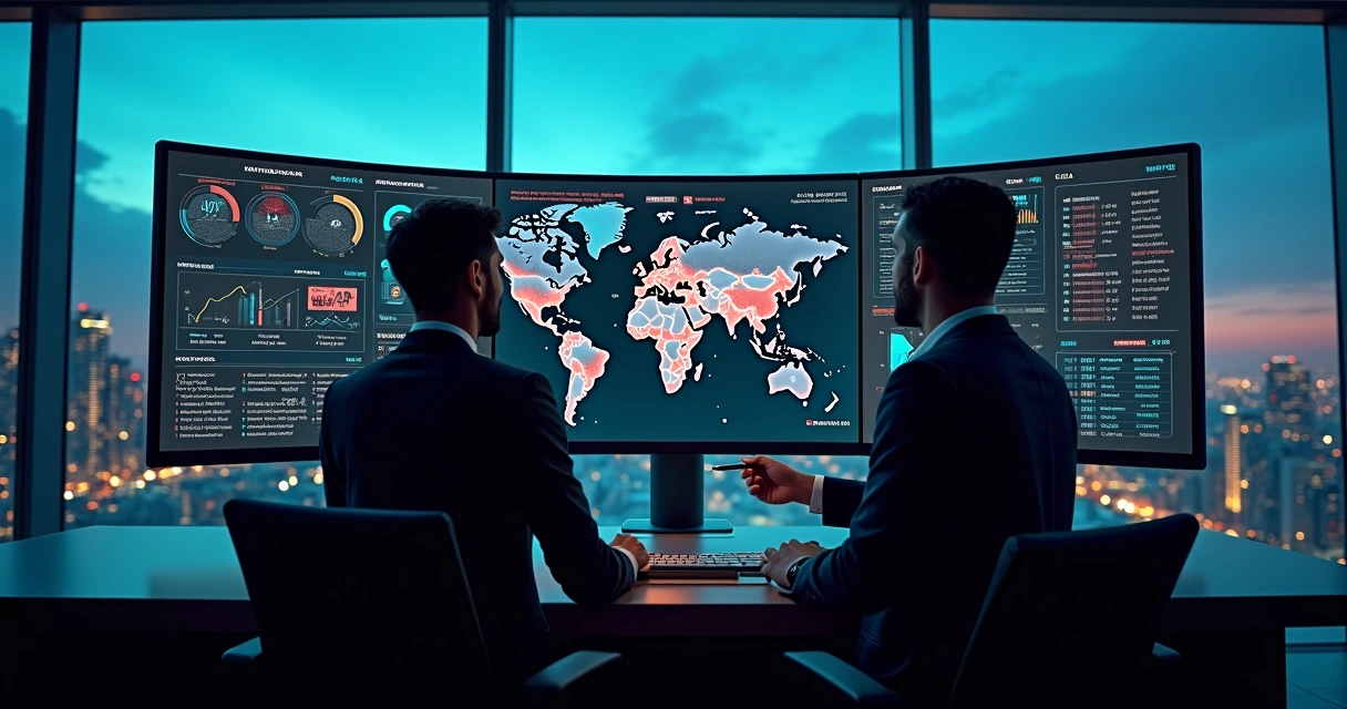 Equipe monitora painel de risco e listas restritivas em tela grande de computador 