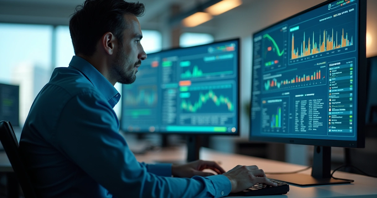 Profissional monitorando indicadores de compliance em múltiplas telas digitais.