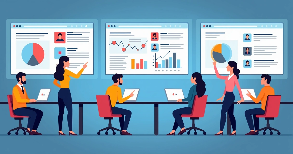 Equipe monitorando influenciadores digitais em telas 