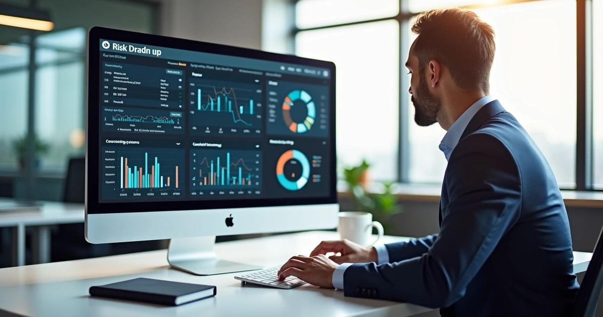 Tela de computador com dados de monitoramento de riscos e um profissional acompanhando gráficos 