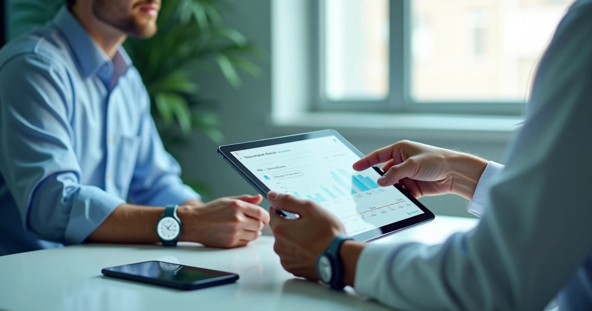 Médico analisa dados de monitoramento contínuo em tablet com paciente 