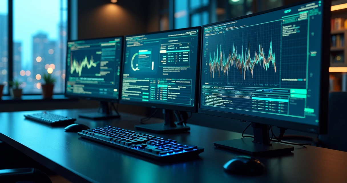 Painel digital mostrando gráficos dinâmicos e alertas de segurança em tela de computador moderno 