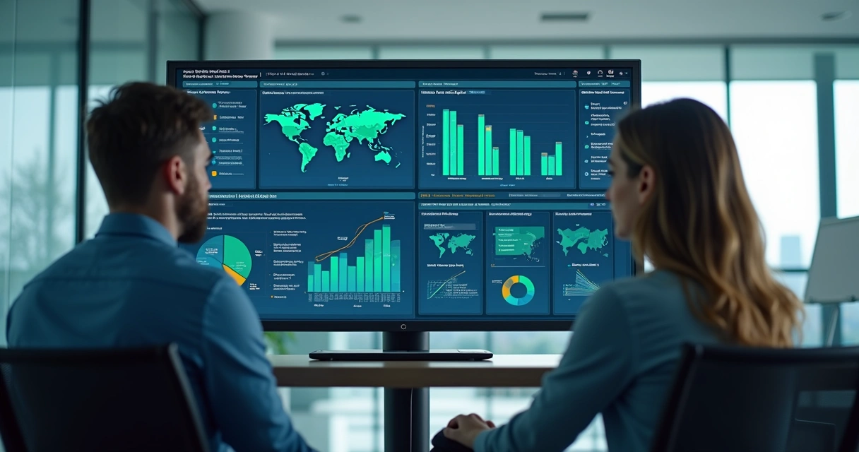Painel de computador mostrando gráficos de monitoramento de contratos e status fiscais