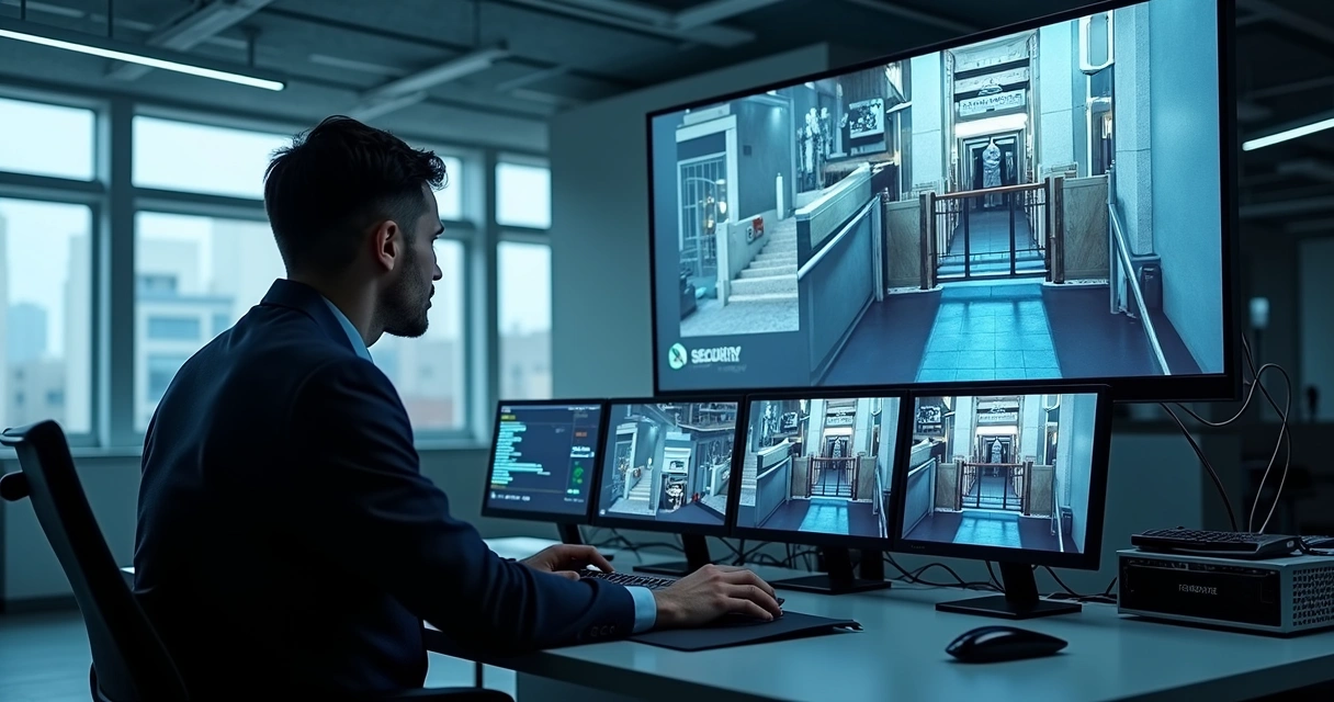 Tela de monitoramento com câmeras e controle de acesso 