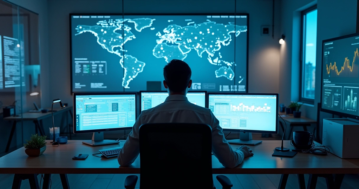 Monitoramento digital de equipe terceirizada em escritório moderno 