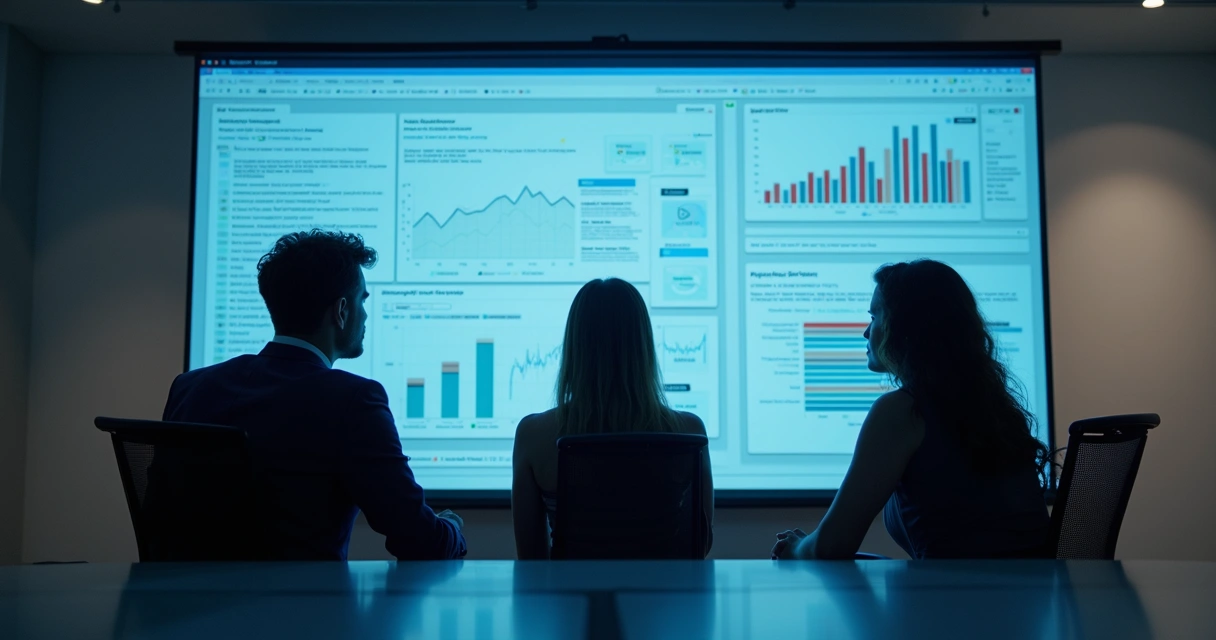 Equipe observa monitor com gráficos de conversas automatizadas 
