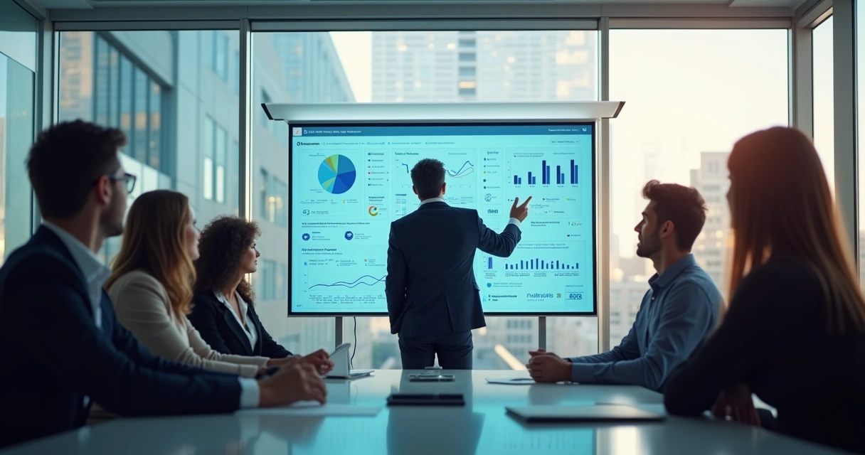 Gestor analisa painel de monitoramento de leads em sala de reunião. 